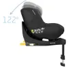 A black car seat with a base, shown from the side. An arrow points to the seat with the text '122°'. Produktbild-Vorschau
