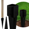 A wooden post and black metal post anchors are shown against a white background and a grassy area. Voir les images du produit