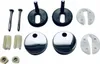 A collection of toilet seat hinges and mounting hardware, including screws, plastic spacers, and metal caps. Produktbild-Vorschau