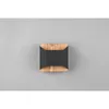 A modern wall lamp with a black metal front and a wooden frame, shown against a plain gray background. Podgląd zdjęcia produktu