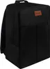 A black backpack with a brown logo patch is shown against a white background. Produktbild-Vorschau