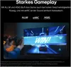 A person playing a video game on a large TV screen, with text overlays highlighting gaming features. Produktbild-Vorschau
