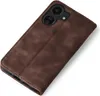 A brown leather flip case for a smartphone, shown at an angle on a white background. Produktbild-Vorschau