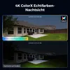 A split image showing a backyard at dusk with a camera's view in color and then in black and white. Produktbild-Vorschau