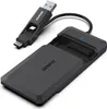 A black external hard drive enclosure with a USB-C/USB-A cable attached. Produktbild-Vorschau
