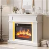 A white electric fireplace with a realistic flame effect and LED lighting, set in a living room. Produktbild-Vorschau