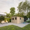 A wooden garden shed is shown in a backyard setting with a scooter and a bicycle nearby. Anteprima dell’immagine prodotto
