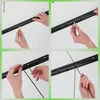 Collage of four images showing steps of how to attach a string to a black drying rack. Produktbild-Vorschau