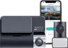 A collage of a dash cam, a rear camera, and a smartphone displaying the dash cam app. Produktbild-Vorschau