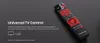 A remote control is shown on a dark gray background with text describing its features. Produktbild-Vorschau