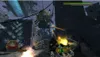 A screenshot from a video game showing a first-person perspective of a player controlling a vehicle with mounted weapons, engaged in combat against aerial targets in a dark, industrial environment. Produktbild-Vorschau