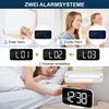 Collage of images showing a digital alarm clock and its features, with people interacting with it. Produktbild-Vorschau