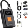 A collage of a portable air compressor and various accessories, along with images of vehicles and sports equipment it can be used with. Produktbild-Vorschau