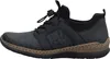 A side view of a black sneaker with blue accents and a textured sole. Voir les images du produit