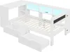 A white bed frame with integrated desk and storage drawers, featuring LED lighting. Voir les images du produit