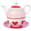 A tea set consisting of a teapot, cup, and saucer, decorated with red polka dots and hearts. Anteprima dell’immagine prodotto