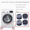 A collage of images showcasing a washing machine and anti-vibration pads. The pads are shown both individually and attached to the feet of a washing machine. Produktbild-Vorschau