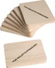 A stack of wooden coasters with text printed on them, and one coaster laid out separately. Produktbild-Vorschau