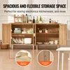 A wooden cabinet with open doors, displaying kitchenware and storage items. Text overlays highlight features. Anteprima dell’immagine prodotto