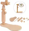 A wooden embroidery hoop stand and its components are displayed against a white background. Produktbild-Vorschau