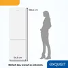 A refrigerator is shown next to a silhouette of a person to indicate its size. Dimensions are also displayed. Produktbild-Vorschau