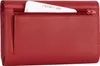 A close-up view of a red leather wallet with a credit card partially inserted into a zippered pocket. Produktbild-Vorschau