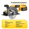 A cordless circular saw is shown with product specifications listed below. Produktbild-Vorschau