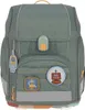 A studio shot of a green backpack with robot-themed patches and a keychain. Voir les images du produit