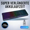 A gaming keyboard with RGB lighting is shown, with promotional text about its battery life and rechargeability. Produktbild-Vorschau