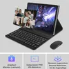 A tablet with a keyboard and mouse, displaying a video call and a game on its screen, with feature icons below. Produktbild-Vorschau