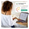 A woman is using a laptop, with marketing graphics overlaid on the image. Produktbild-Vorschau