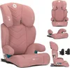 A collage of images showing a pink child's car seat from different angles, including a close-up of the headrest and a separate image of the booster seat base. Náhled obrázku produktu