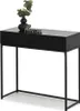 A black console table with a drawer and metal legs, decorated with a vase of greenery and a decorative object. Produktbild-Vorschau
