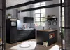 A modern black kitchen with a central island, large windows, and industrial-style beams. Produktbild-Vorschau