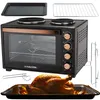 A collection of kitchen appliances and accessories, including a mini oven with hot plates, a baking tray, a wire rack, a rotisserie spit, and a roasted chicken in a baking dish. Produktbild-Vorschau