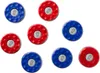 A collection of red and blue shuffleboard pucks arranged on a white background. Náhled obrázku produktu