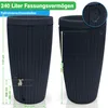 Two dark gray rain barrels are shown side-by-side with measurement indicators and text overlays. Produktbild-Vorschau