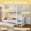 A white bunk bed with storage features in a child's room setting. Produktbild-Vorschau