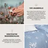 A collage of images showing cotton plants, text describing cotton properties, a close-up of a zipper, and a detail of blue bedding with a winter print. Produktbild-Vorschau