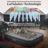 A split image showing an inflatable mattress with a person sleeping on it, and a diagram illustrating its internal air chambers. Produktbild-Vorschau