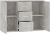 A gray sideboard with three drawers and two shelves, shown with its doors open. Produktbild-Vorschau
