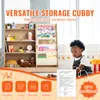A child playing near a wooden storage cubby filled with books and toys, with marketing text and icons overlayed. Anteprima dell’immagine prodotto