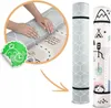 A collage showing a hands-on demonstration of a rolled-up foam mat, a close-up of a rolled mat with a geometric pattern, and a close-up of another rolled mat with a children's design. A green sticker with a clock and leaf icon is also visible. Náhled obrázku produktu