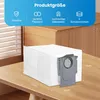 A white dust bag for a robot vacuum cleaner is placed on a wooden table, with product dimensions indicated by text overlays. Produktbild-Vorschau