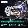 A close-up, stylized illustration of an electric bicycle motor and wheel, with glowing energy effects and text highlighting product features. Produktbild-Vorschau