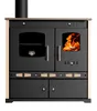 A front view of a black and ivory wood-burning stove with a chimney pipe. Produktbild-Vorschau
