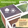 A close-up view of a pet house roof with weather icons and descriptive text. Produktbild-Vorschau