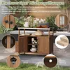 A wooden kitchen grill cart shown outdoors on a patio, with close-up insets highlighting its features. Produktbild-Vorschau