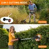 A collage showing a man using a wheeled trimmer and a woman using a hedge trimmer, demonstrating different modes of the product. Produktbild-Vorschau