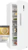 A white upright freezer with its door open, revealing shelves and food items inside. A prominent award badge is attached to the left side of the freezer. Produktbild-Vorschau